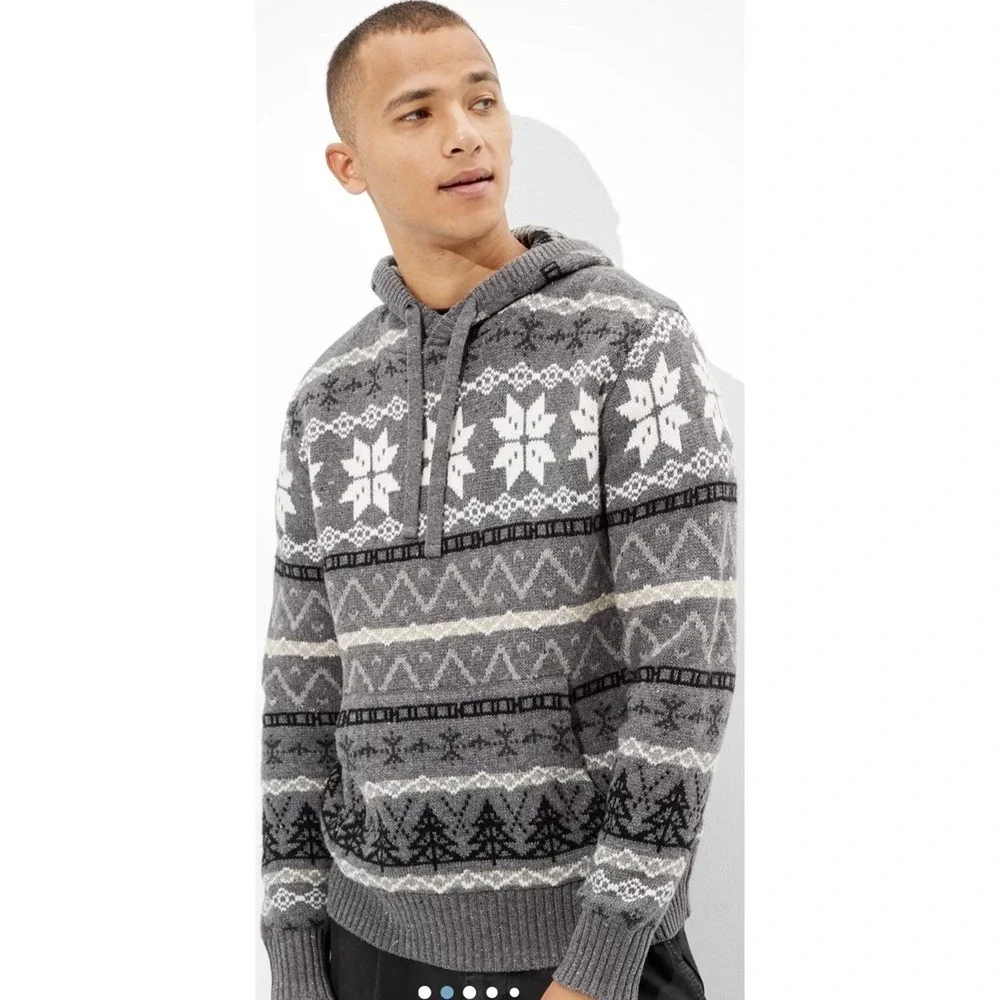 AMERICAN‎ EAGLE Softest Sweater Hoodie Men's XS Gray Nordic Snowflake Fair Isle